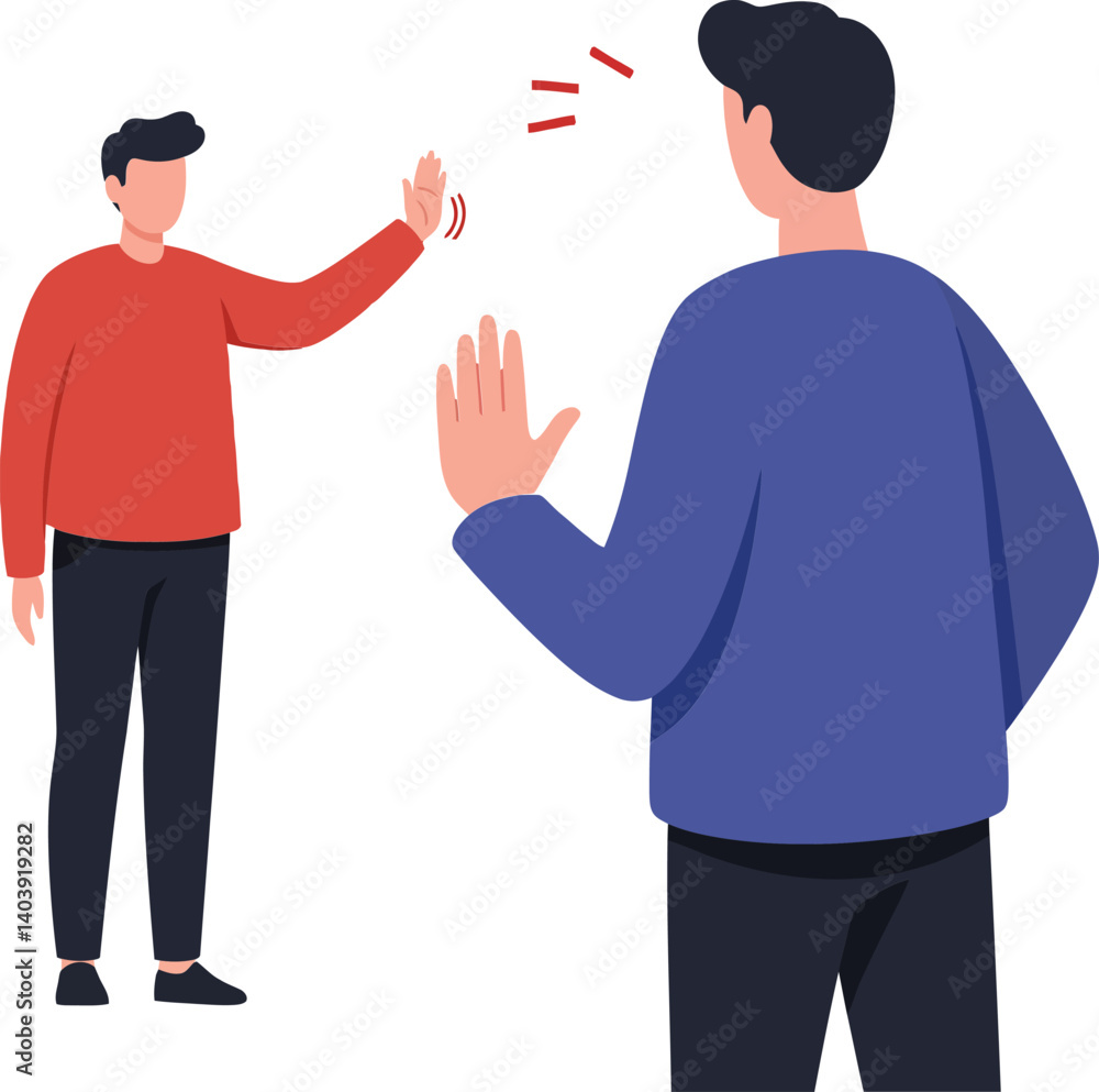 Fototapeta premium Two men greeting each other with friendly waves in a flat style vector illustration showcasing warmth and connection between friends