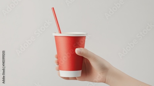 Paper soda cup in a hand with straw mockup template.