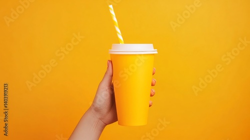 Paper soda cup in a hand with straw mockup template.