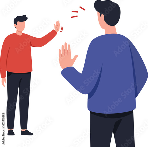 Two men greeting each other with friendly waves in a flat style vector illustration showcasing warmth and connection between friends
