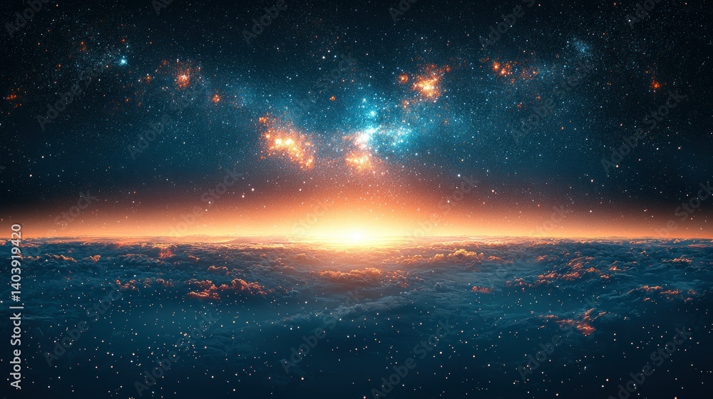 Naklejka premium Cosmic Sunrise: A Celestial Landscape