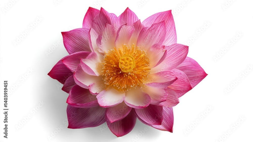 Obraz premium Pink Lotus Flower Blooming with Yellow Center on White Background