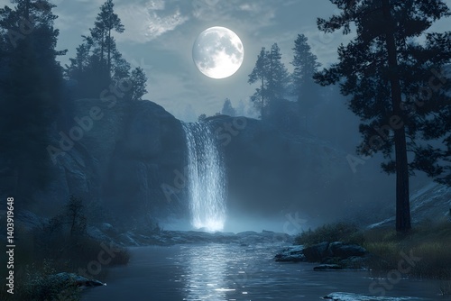 Wallpaper Mural A waterfall scene under a full moon with trees and a river in a misty and dark environment view Torontodigital.ca