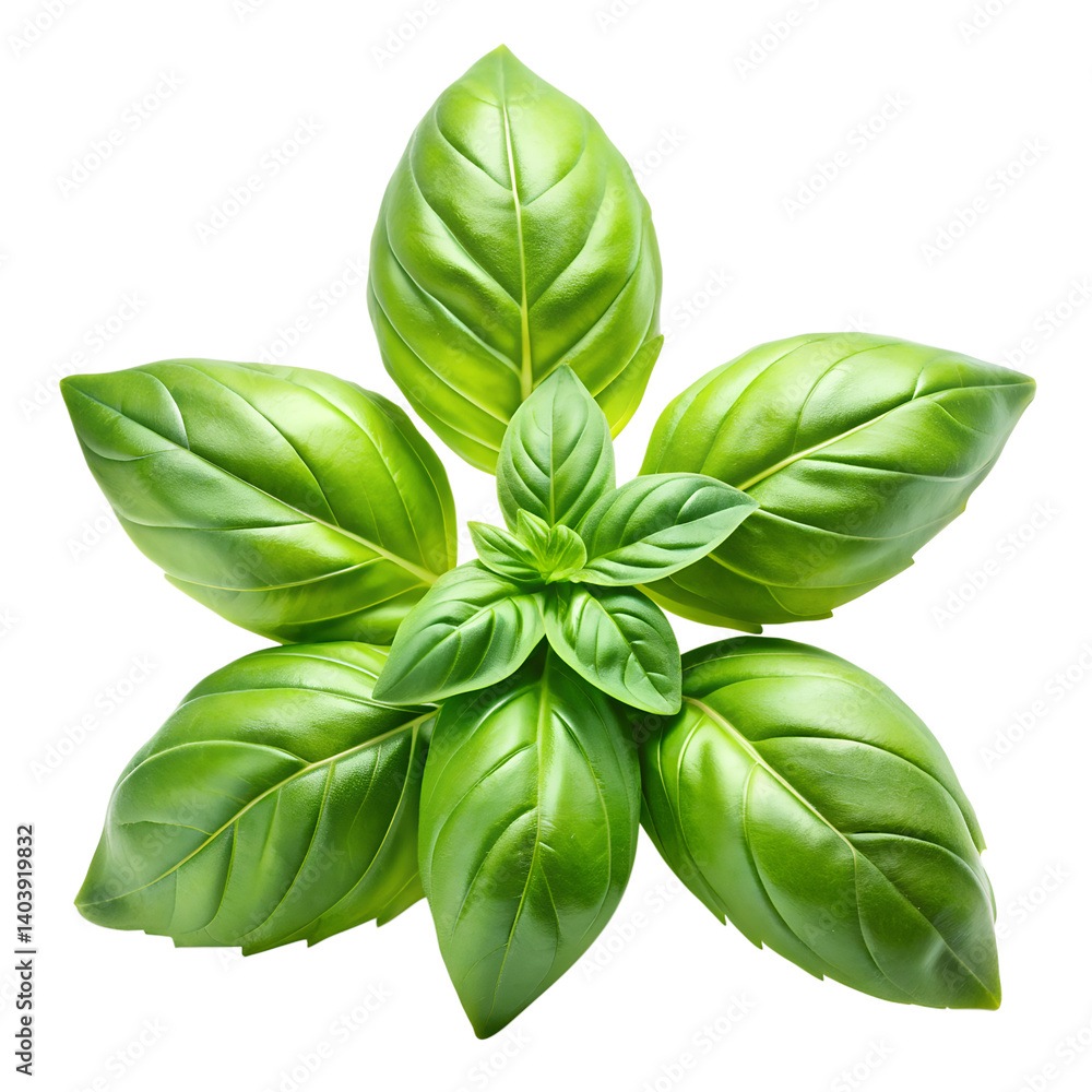 Fototapeta premium Fresh basil leaves closeup isolated on transparent background