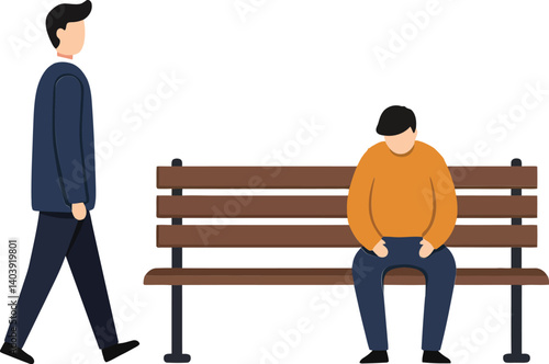 Two individuals in contrasting moods on a park bench, flat vector art depicting loneliness and introspection