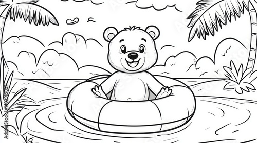 summer coloring page for kids of a cute bear with a pool float.
