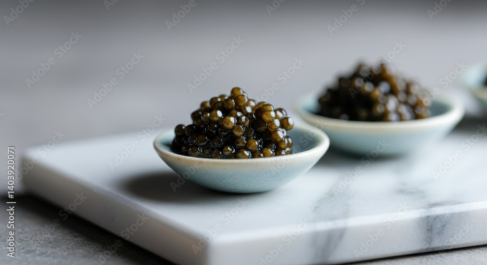 Gourmet black caviar in small bowls on marble slab Gourmet black caviar in small bowls on marble slab