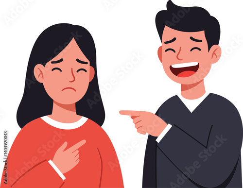 Two characters in a flat design style, one smiling and pointing at the other, conveying contrasting emotions in a humorous vector illustration