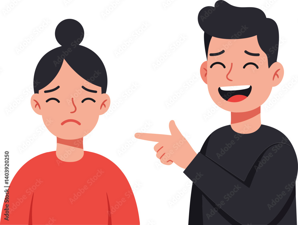 Fototapeta premium Two cartoon characters in a flat design style, one smiling and pointing while the other appears sad, expressing contrasting emotions in vector art