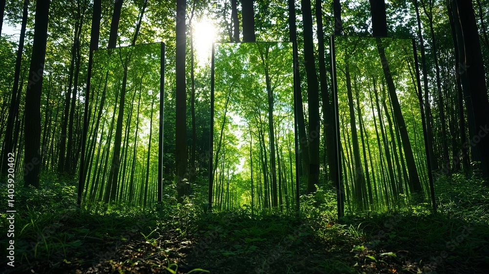 Naklejka premium Bright sunshine illuminates a green forest scene, reflecting in strategically placed mirrors among the trees.