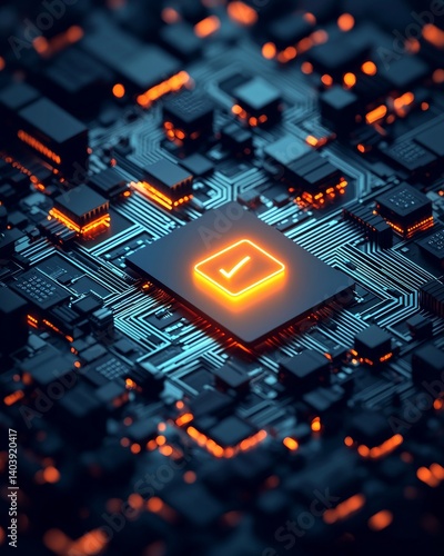 Glowing checkmark on a central processing unit illustrates successful validation of a secure system.