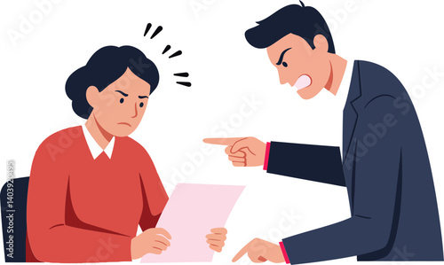 A tense office confrontation between a man in a suit and a woman in a sweater, flat vector illustration depicting frustration and disappointment