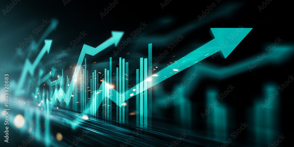 Abstract image of teal upward trending arrows and bar graphs on dark background, symbolizing growth, progress, and success in business or finance Abstract image of teal upward trending arrows and bar graphs on dark background, symbolizing growth, progress, and success in business or finance