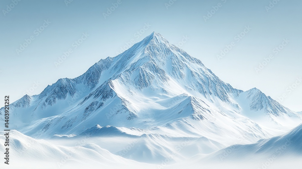 Majestic snow-capped mountain peak under a serene sky. Vast, pristine landscape of glistening white Majestic snow-capped mountain peak under a serene sky. Vast, pristine landscape of glistening white