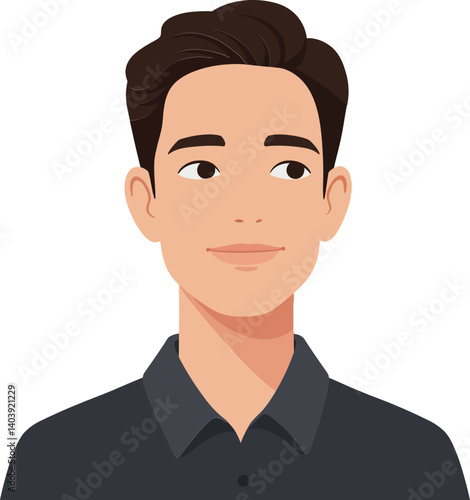A young man with short dark hair wearing a grey shirt in a minimal style vector illustration showcasing a calm and approachable expression