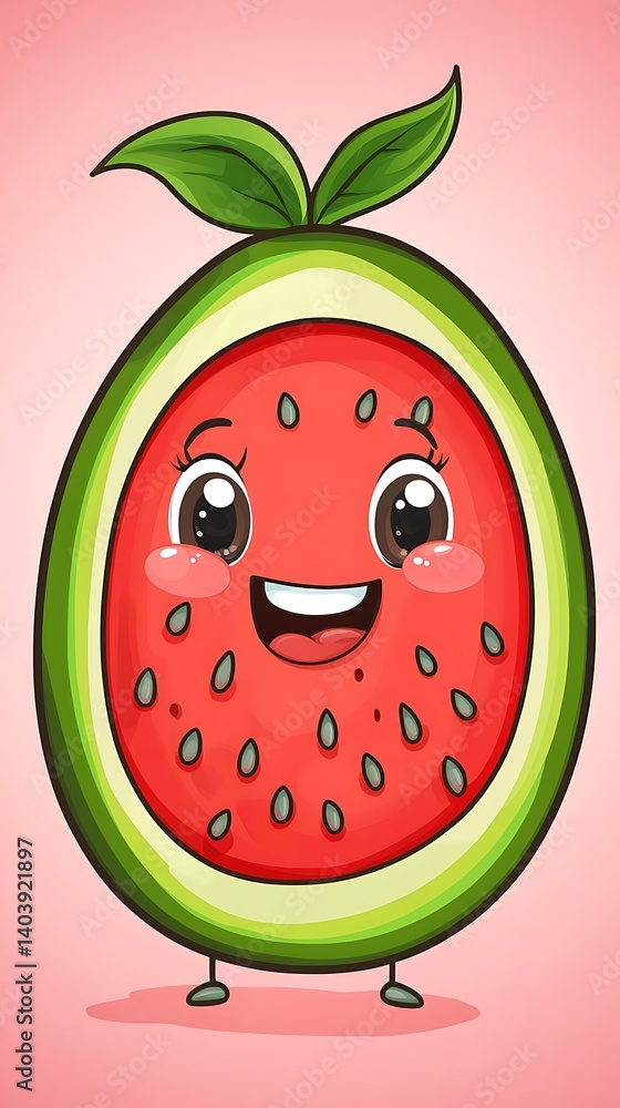 Cute Watermelon Cartoon, Smiling, Pink Background Cute Watermelon Cartoon, Smiling, Pink Background