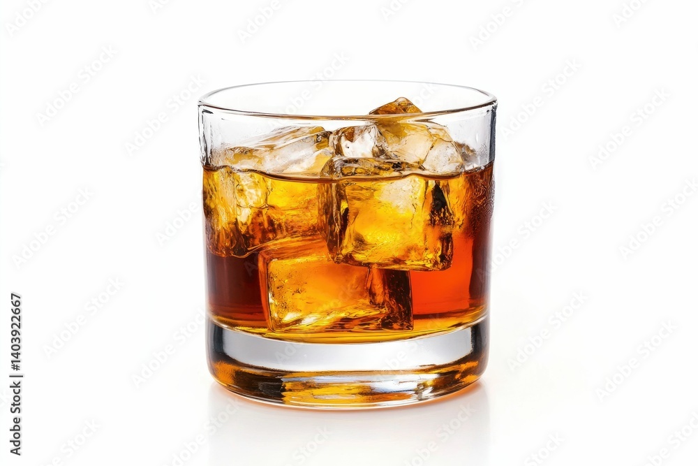Whiskey or Bourbon on the Rocks in Glass on White Background Whiskey or Bourbon on the Rocks in Glass on White Background
