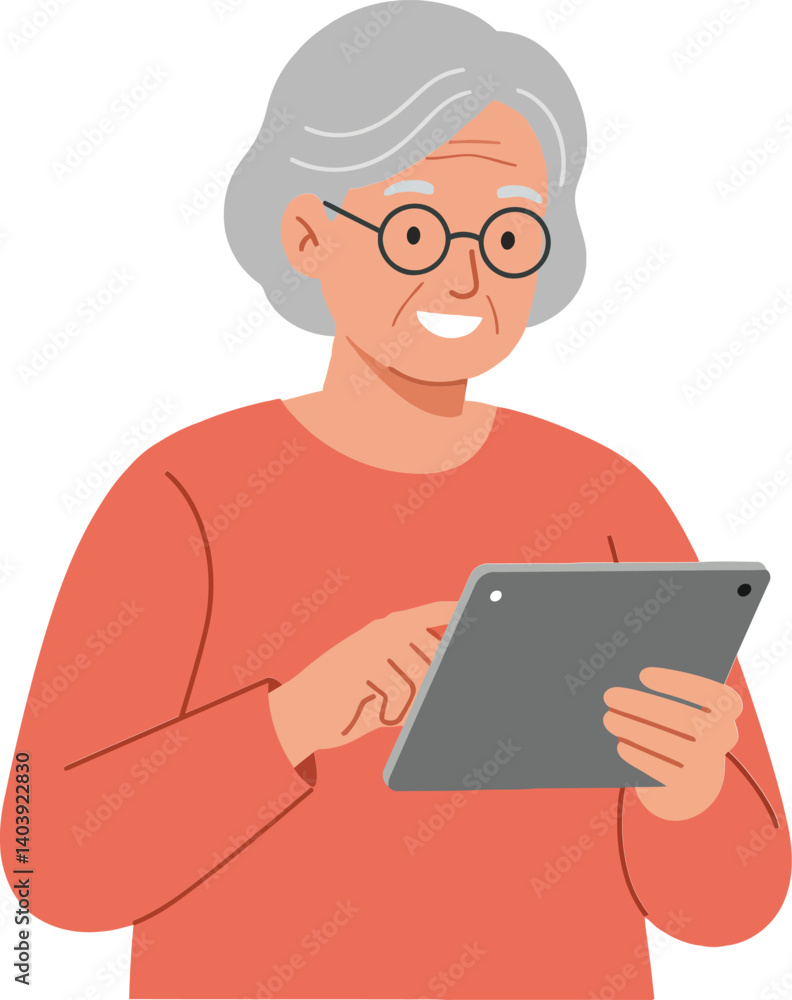 Elderly woman with glasses joyfully engaging with a tablet in a minimalist flat design vector illustration Elderly woman with glasses joyfully engaging with a tablet in a minimalist flat design vector illustration