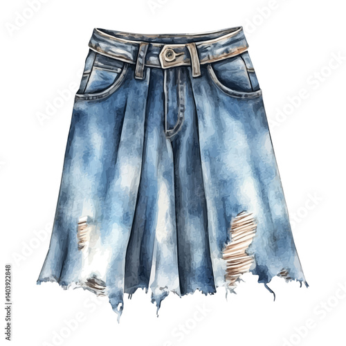 Denim Skirt With Distressed Details, vector watercolor illustration, isolated on a white background.