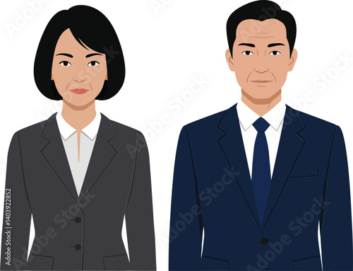 Two professional individuals in business attire, standing confidently side by side, showcasing a flat design style in vector art