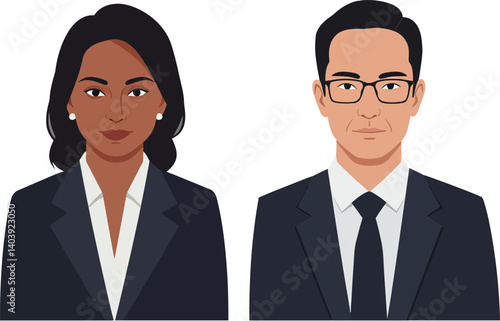 Two professional business individuals in sleek suits showcasing confidence and collaboration in a minimal flat vector illustration