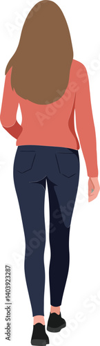 Woman walking away in casual attire with long hair, minimalistic style, showcasing a relaxed atmosphere in vector art