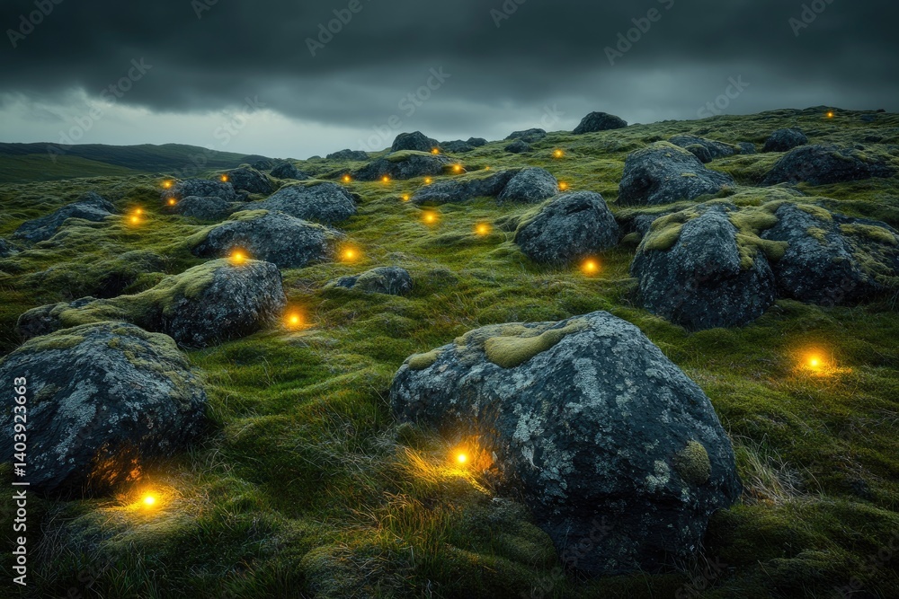 Fototapeta premium Illuminated stones on a moss-covered hill at twilight
