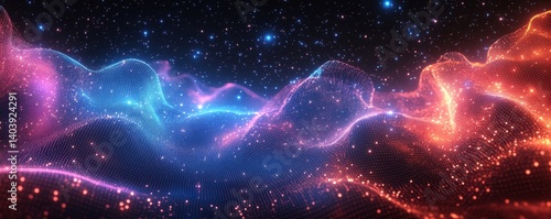 Synthwave wireframe net illustration. Set of digital backgrounds. 80s, 90s Retro futurism, Retro wave cyber grid sunset. VHS style. Deep space surfaces. Neon lights glowing. Starry, Generative AI