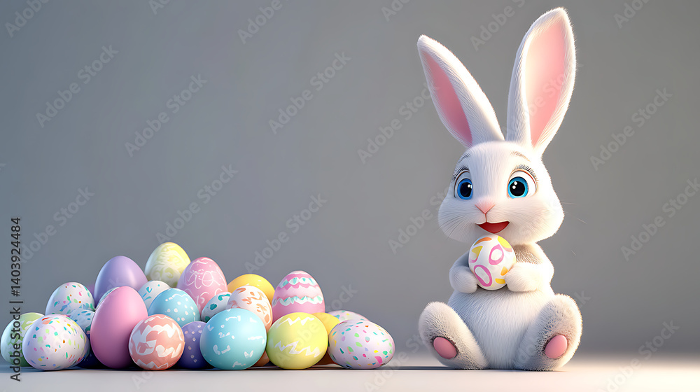 Fototapeta premium Easter Bunny Cute with Eggs Basket on white Background Flowers
