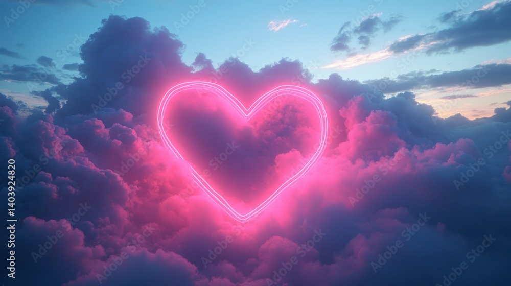 Radiant pink heart floating amongst soft, pastel clouds in an ethereal sky Radiant pink heart floating amongst soft, pastel clouds in an ethereal sky