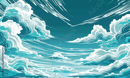 Blue sky with white clouds. The clouds are wavy and the sky is dark. There are no people or objects in the image