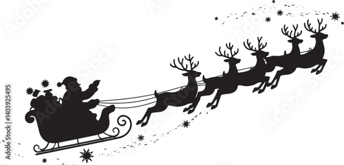 Santa Claus ride sleigh with flying reindeer vector illustration isolated On Transparent Background