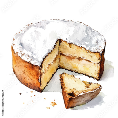 Delicate Almond Cake With Powdered Sugar, vector watercolor illustration, isolated on a white background.