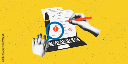 Document review halftone collage banner template. Cutout hands making grammar, spelling check, searching for mistakes, proofreading papers online with laptop computer. Modern retro vector illustration