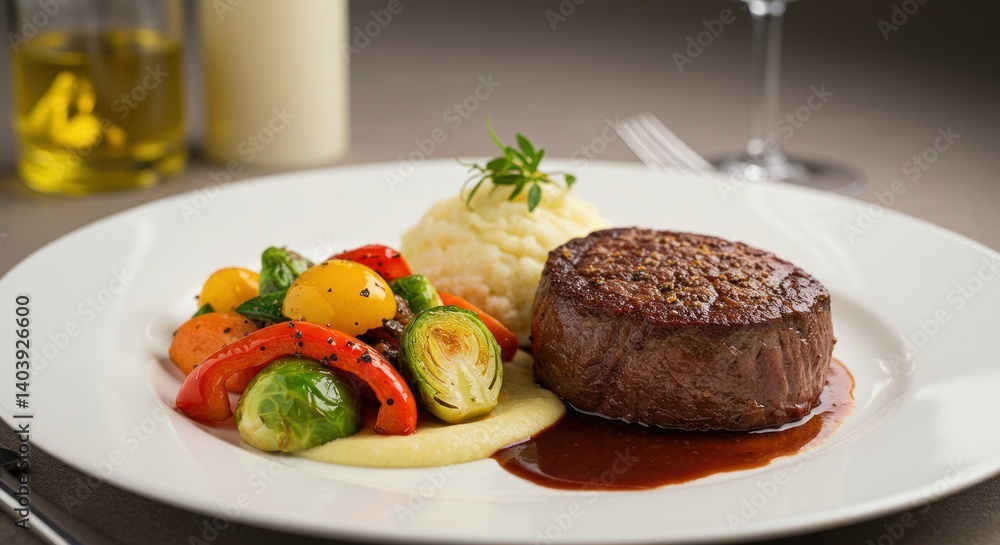 Beef steak with vegetables and mashed potatoes on a white plate. Beef steak with vegetables and mashed potatoes on a white plate.