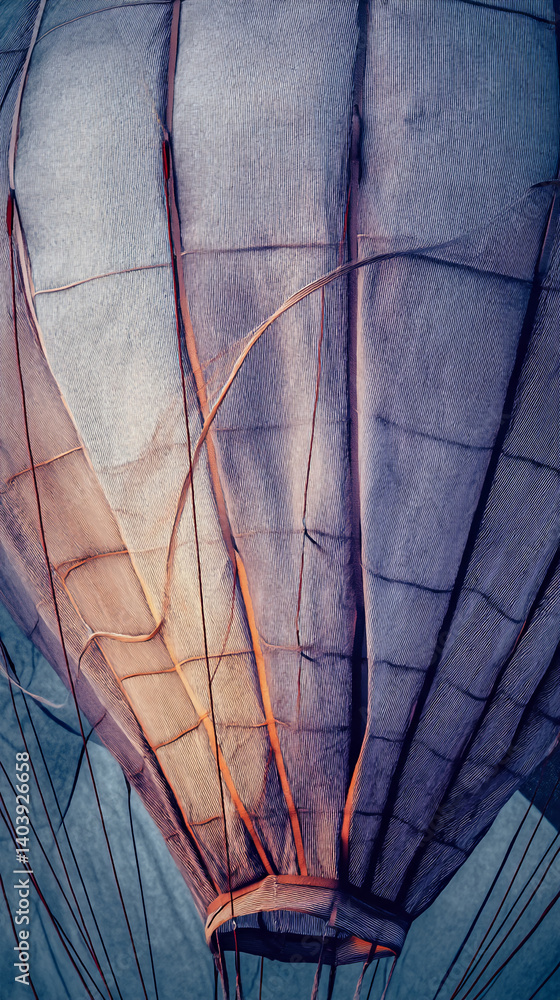 Obraz premium Close-up of a hot air balloon's fabric, showcasing its textured, striped design and intricate details, symbolizing adventure, freedom, and travel