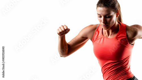 Dynamic Running Woman in Red Activewear on a White Background