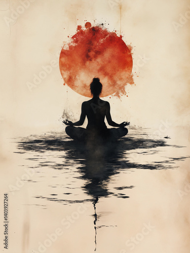 Illustration of a person meditating in nature in oriental minimalist style