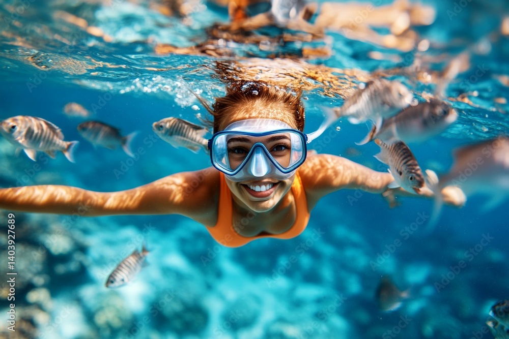 Naklejka premium Many tropical fish swim next to her. Bright commercial style image. A lovely and sexy happy middle eastern young woman with blond hair in a swimming mask and fins snorkeling among the corals.