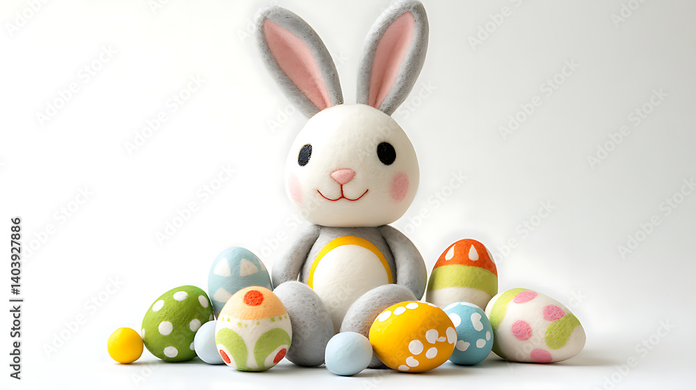 Fototapeta premium Easter Bunny Cute with Eggs Basket on white Background Flowers
