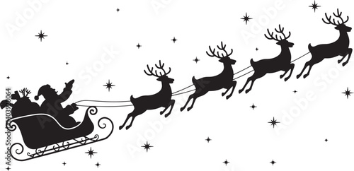 Santa Claus ride sleigh with flying reindeer vector illustration isolated On Transparent Background
