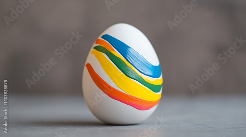 Painted Egg: A single white egg stands against a neutral backdrop, adorned with vibrant stripes of blue, green, yellow, and orange.