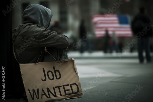 Jobless and Hopeless: Silhouette of a person sitting on a street with a sign asking for employment with the background blurred of the American flag.