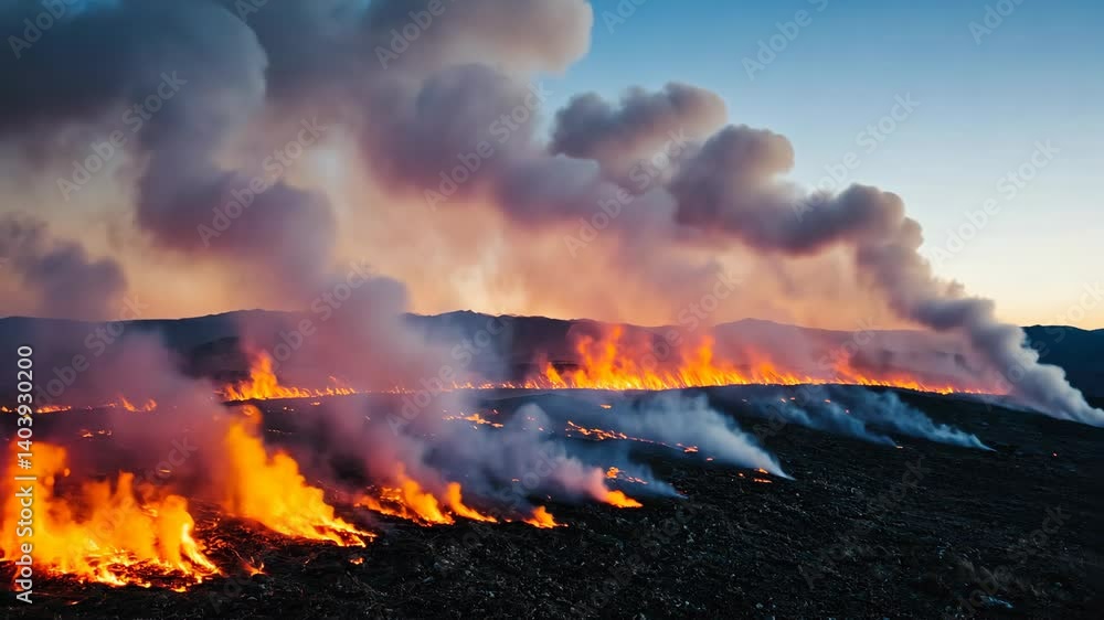 Spectacular view of large brush fire burning intensely across a hillside at dusk, creating smoke plumes and destruction, showcasing wildfire risk. Spectacular view of large brush fire burning intensely across a hillside at dusk, creating smoke plumes and destruction, showcasing wildfire risk.