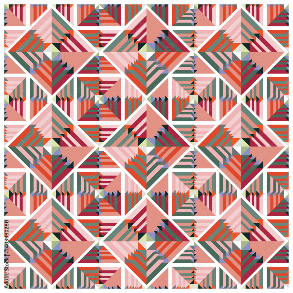 Fototapeta premium Colorful geometric pattern featuring intricate diamond shapes in shades of pink, green, and red, arranged in a repeating design.