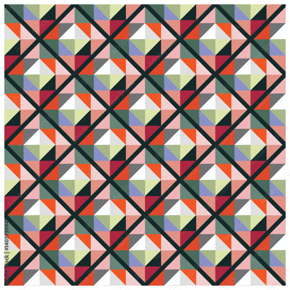 Colorful geometric pattern overlapping diamonds and cubes in shades of green, red, pink, purple, and white on a light background. Colorful geometric pattern overlapping diamonds and cubes in shades of green, red, pink, purple, and white on a light background.