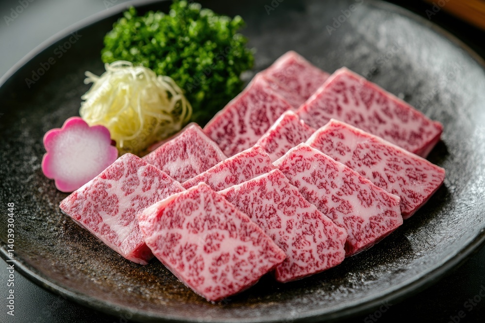 Marbled Wagyu Beef Slices on Plate Ready for Cooking or Grilling Marbled Wagyu Beef Slices on Plate Ready for Cooking or Grilling