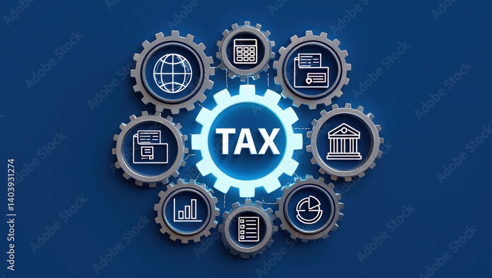 Fototapeta premium Tax Management Concept. Businessman interact with digital gears representing various tax and financial icons, modern tax management and government regulations in digital economy. Income tax, Taxation,