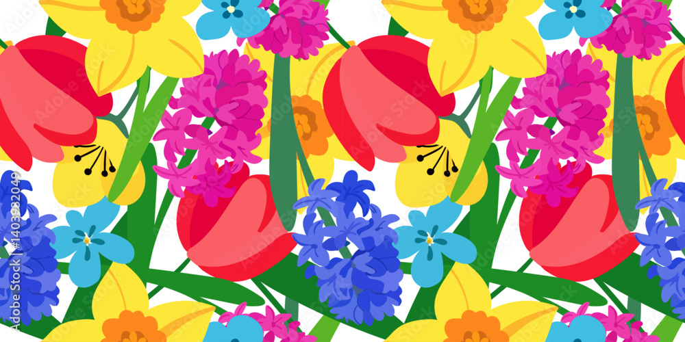 spring flowers isolated seamless pattern floral design bright daffodils hyacinths tulips crocuses background for web design wallpaper textile postcards spring flowers isolated seamless pattern floral design bright daffodils hyacinths tulips crocuses background for web design wallpaper textile postcards