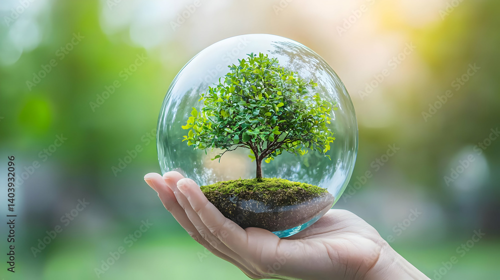 Hand Holding Glass Sphere With Small Tree Hand Holding Glass Sphere With Small Tree